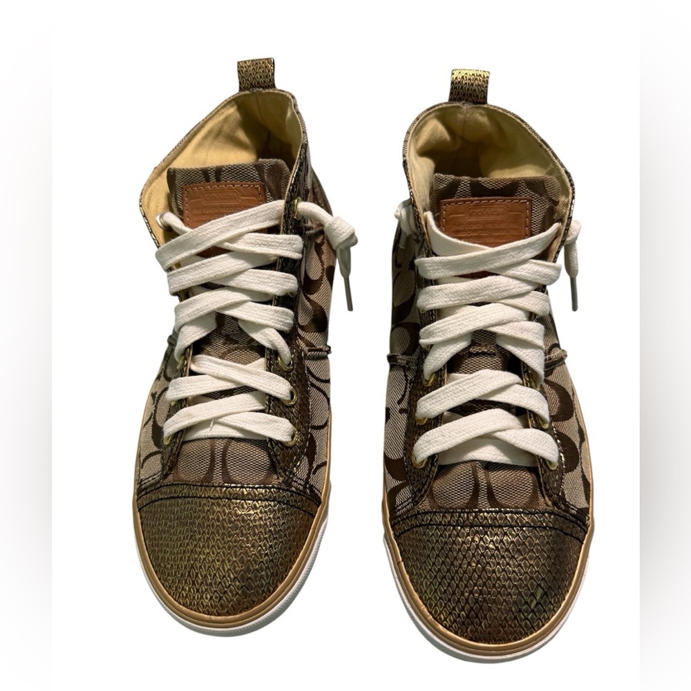 COACH Brown and Gold Indiana Hightop Sneakers Size 8.5 B - Picture 2 of 10